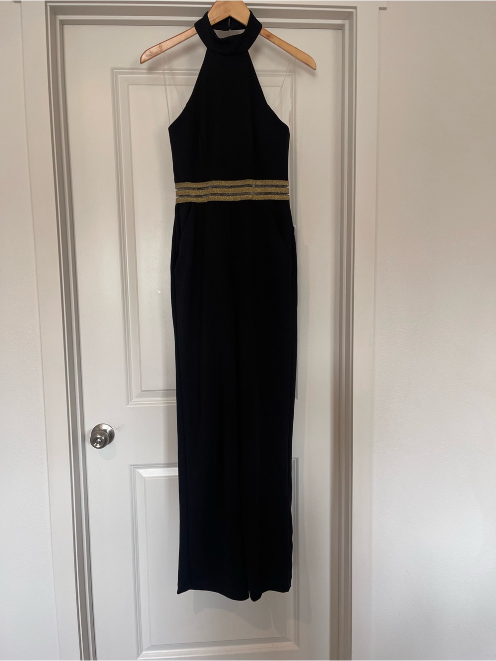 Teeze Me Black Halter Jumpsuit with Gold Mesh Waistband NWT